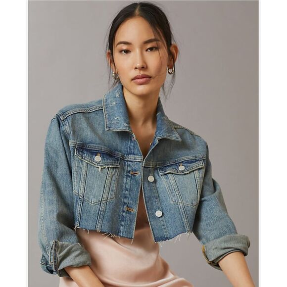 Pilcro Antrophologie Jacket Womens M Ultra-Cropped Mini Trucker Denim Distressed - Picture 1 of 13